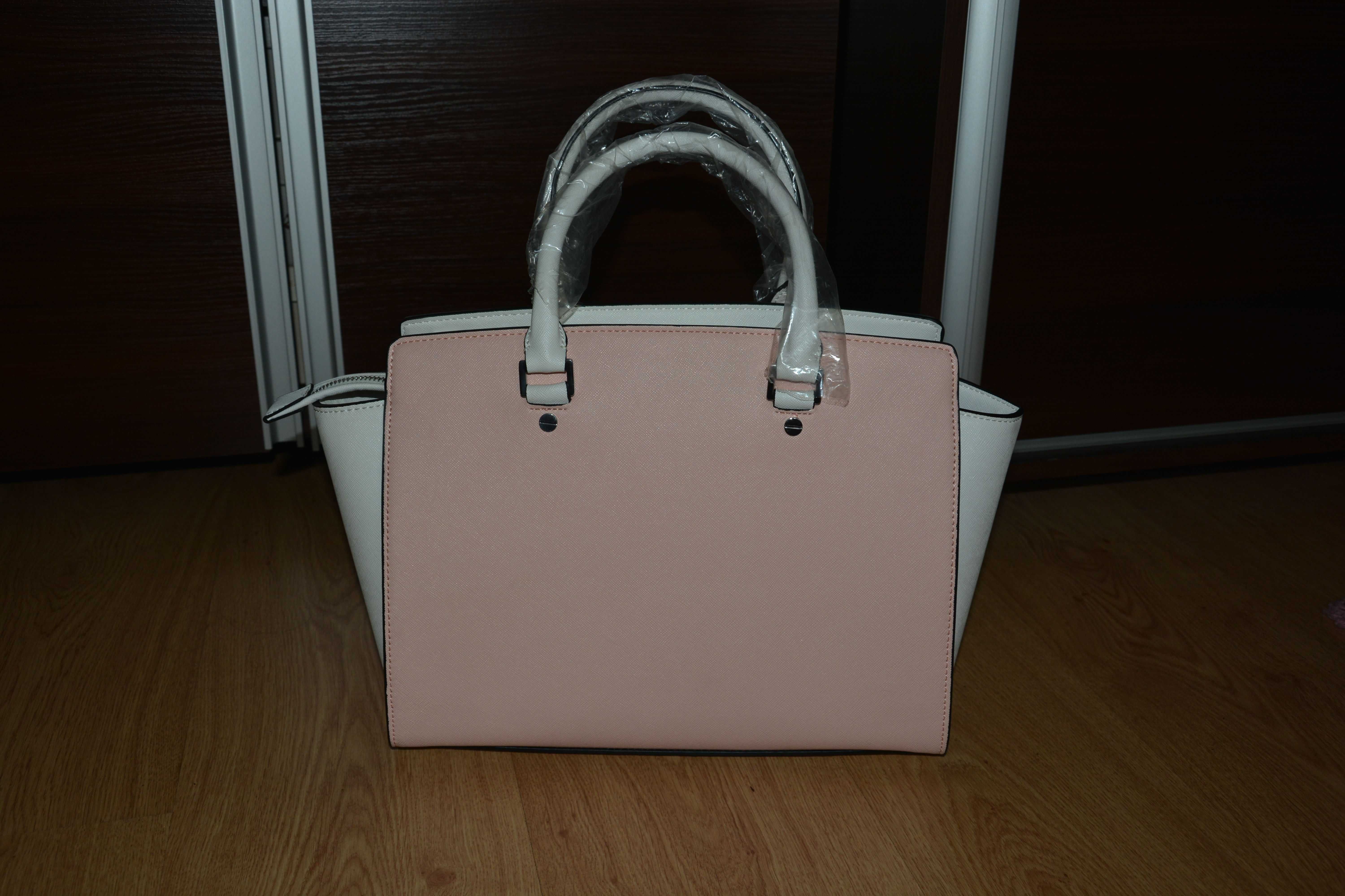 Nowa duża różowo-biała torebka trapezowa kuferek saffiano Tom & Eva
