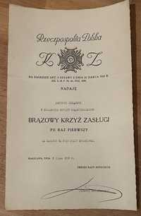 II RP Dyplom - nadanie na Brązowy Krzyż Zasługi 1939 r. J. Szeląg