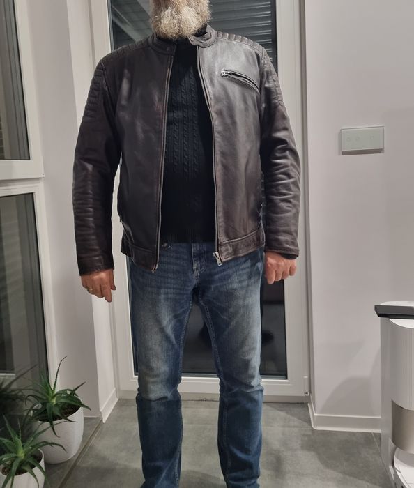 Skórzana kurtka motocyklowa, męska, brązowa skóra, rozmiar L/XL,