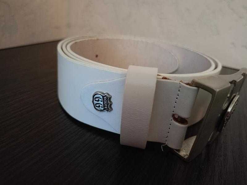 Шкіряний білий ремінь з пряжкою Route 66