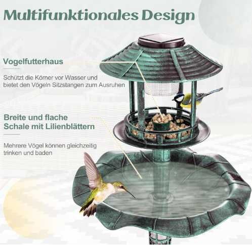 COSTWAY poidło dla ptaków z lampą solarną i karmnikiem retro 2w1