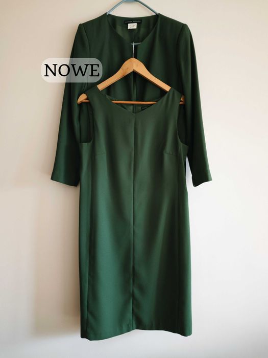 Komplet kostiumik ciemnozielony sukienka marynarka vintage retro M