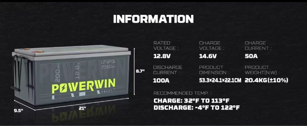 Аккумулятор LiFePo4 12V 200 Ah POWERWIN BMS