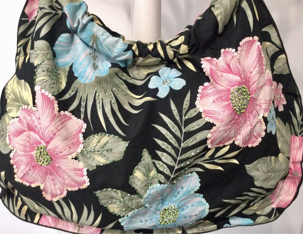 Saco de algodão floral detalhes de bordado e miçangas