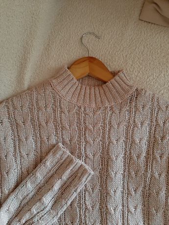 Sweterek damski  różowy srebny cieply M / L