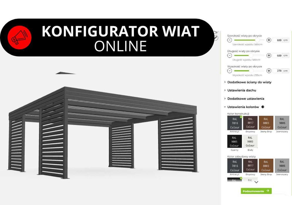 Carport na 1 auto 3x6 RAL 7016 Horyzontal/Pion – zaprojektuj w 3D