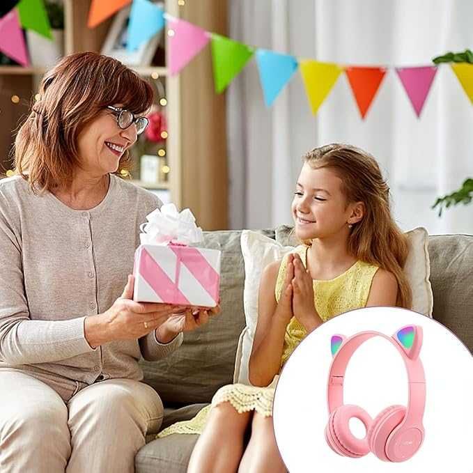 Słuchawki bezprzewodowe bluetooth led locie uszy róż na prezent