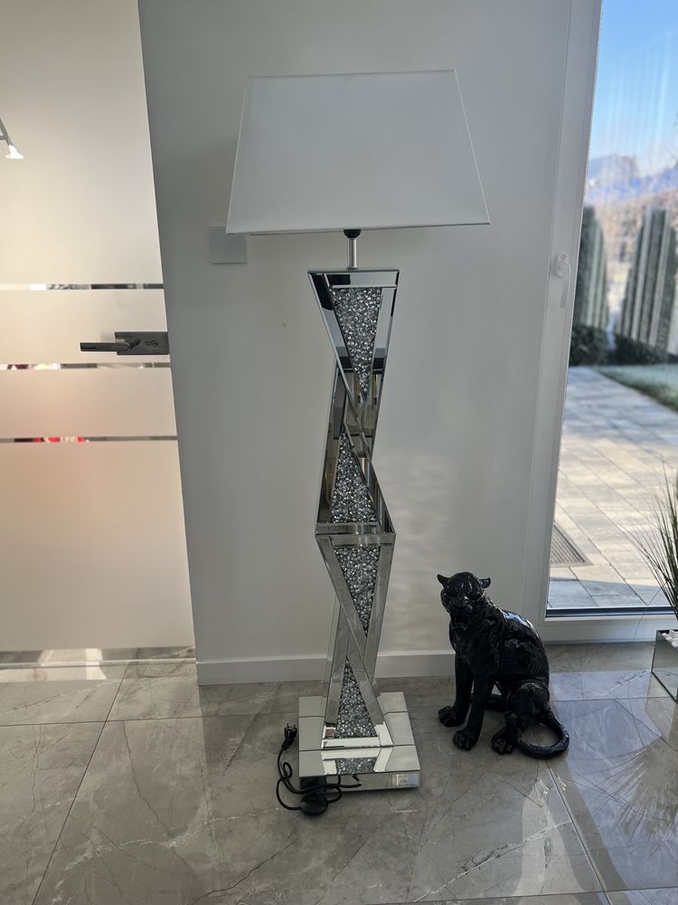 Lampa podłogowa lustrzana z kryształkami Glamour stojąca czarna biała