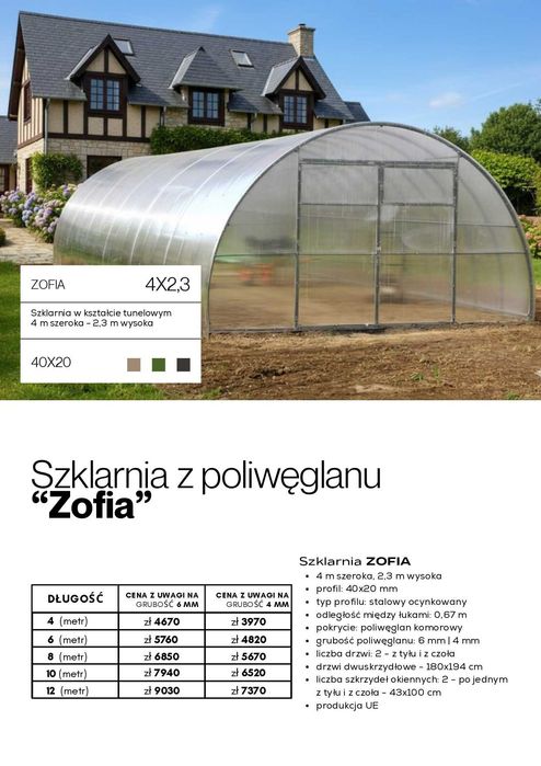 Szklarnia z poliwęglanu tunel/domek 3x4 3x6 3x8 3x10 3x12