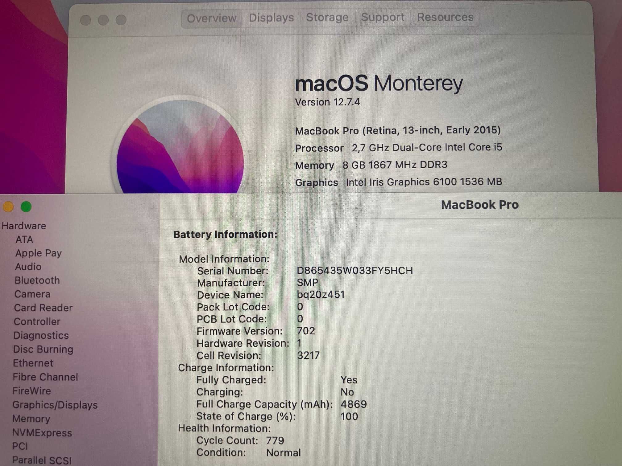 Apple MacBook Pro Retina 13” 2015 – 8 GB RAM - 128 SSD – i5 2.7 GHz