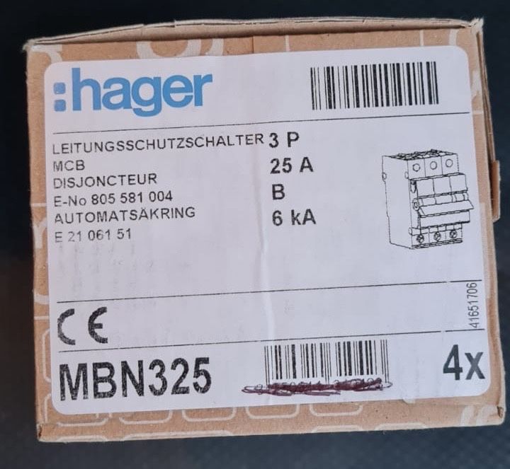 Wyłącznik nadpradowy Hager MBN325 3-biegunowy 6kA B-25A 3M 4 sztuki