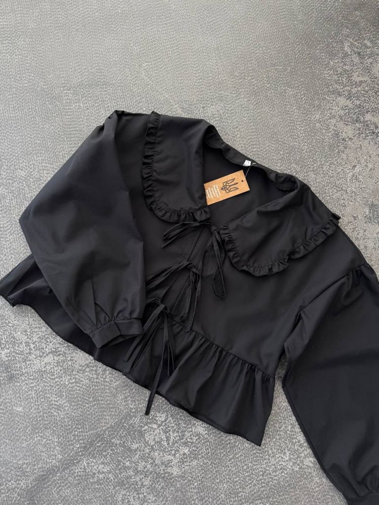 Женская рубашка в стиле Zara в черном,белом Жіноча сорочка з завязками