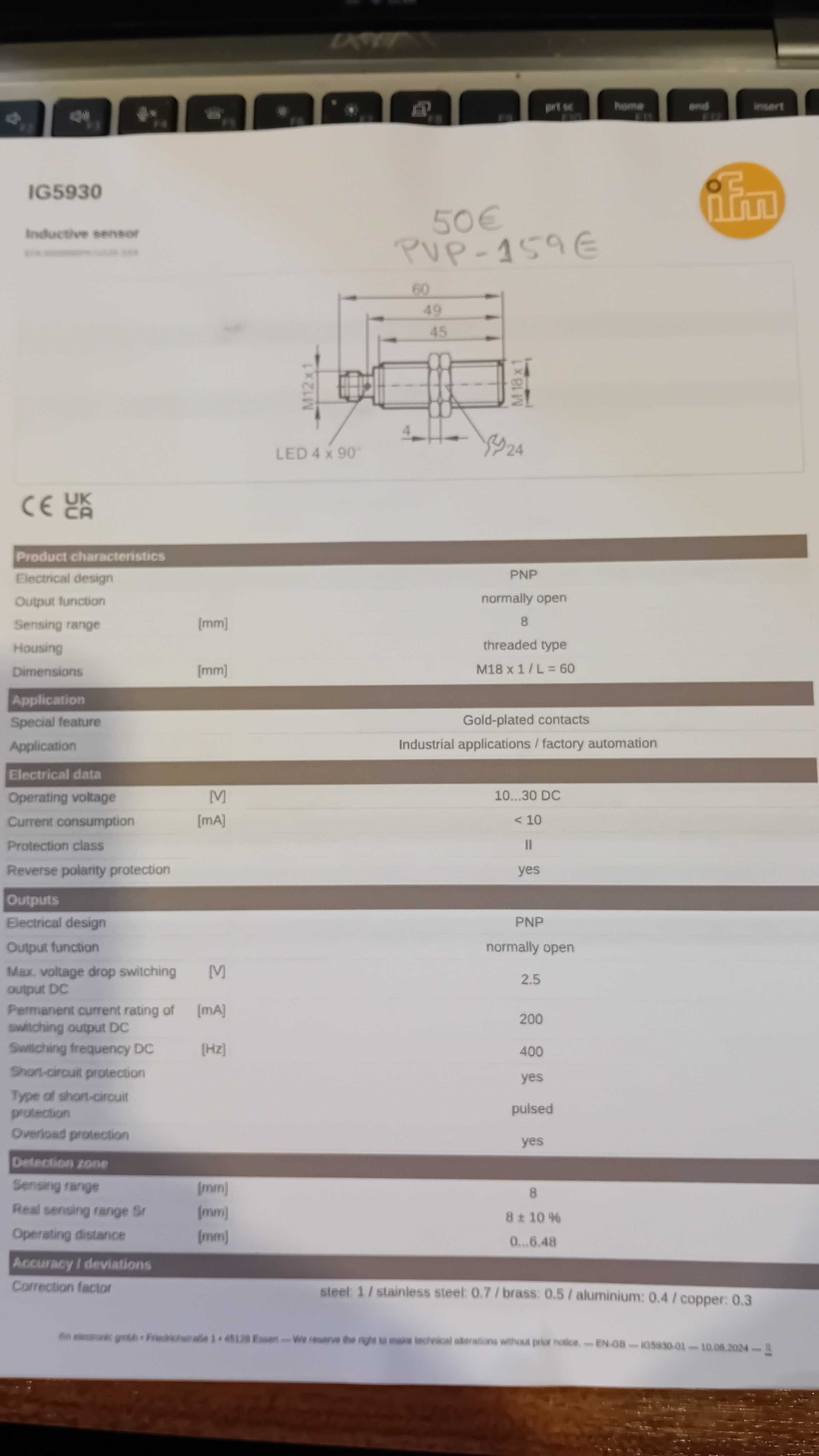 Sensor indutivo 18mm 24vdc PNP IFM