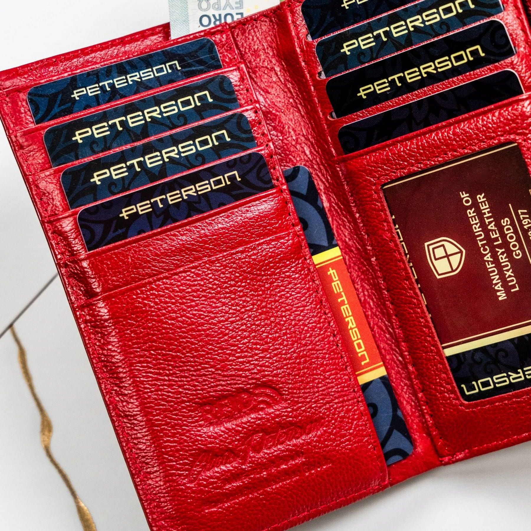 PETERSON portfel damski skórzany lakierowany z motylami P219 czerwony