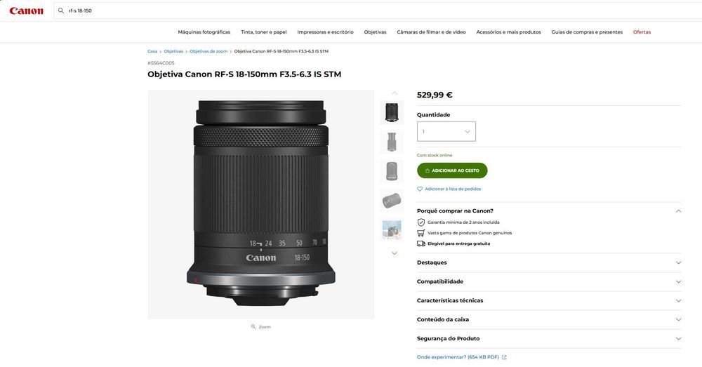 Lente Canon RF-S 18-150mm F3.5-6.3 IS STM — Nova com Fatura e Garantia
