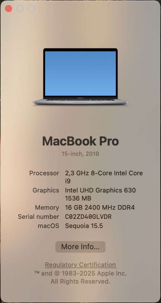 MacBook Pro 15.4" i9 9th Gen, 16 GB RAM, 2 TB, AMD RADEON PRO 560X
