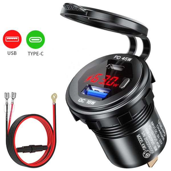 Ładowarka MOTOCYKLOWA samochodowa USB QC3.0 USB-C PD Woltomierz szybki