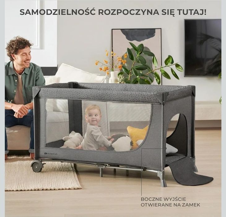 Kinderkraft JOY 2 Łóżeczko turystyczne 2 w 1, Boczne wejście