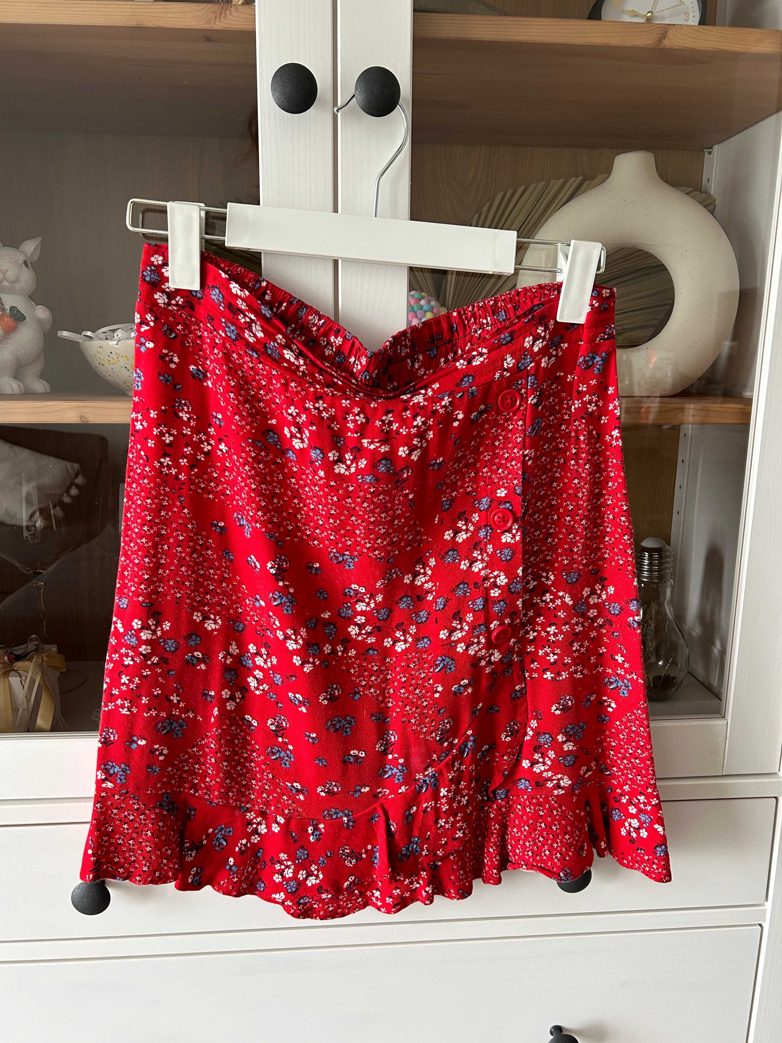 Wiosenna czerwona mini spódniczka spódnica z falbanką wiskoza New York