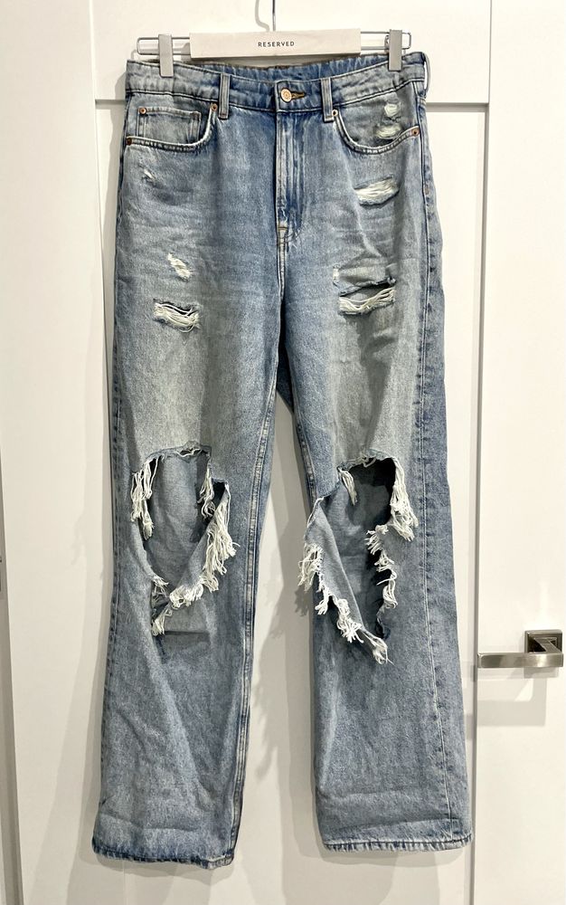 Unikatowe jeansy L 40 ripped z dziurami h&m loose straight high waist