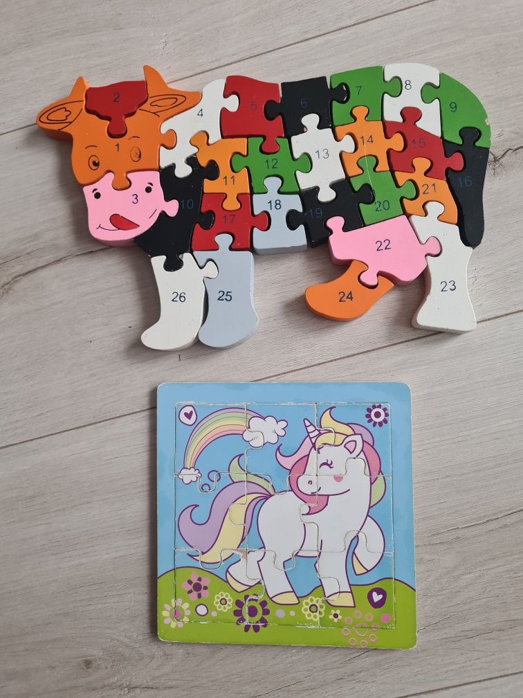 Drewniane puzzle układanka krowa + koniki