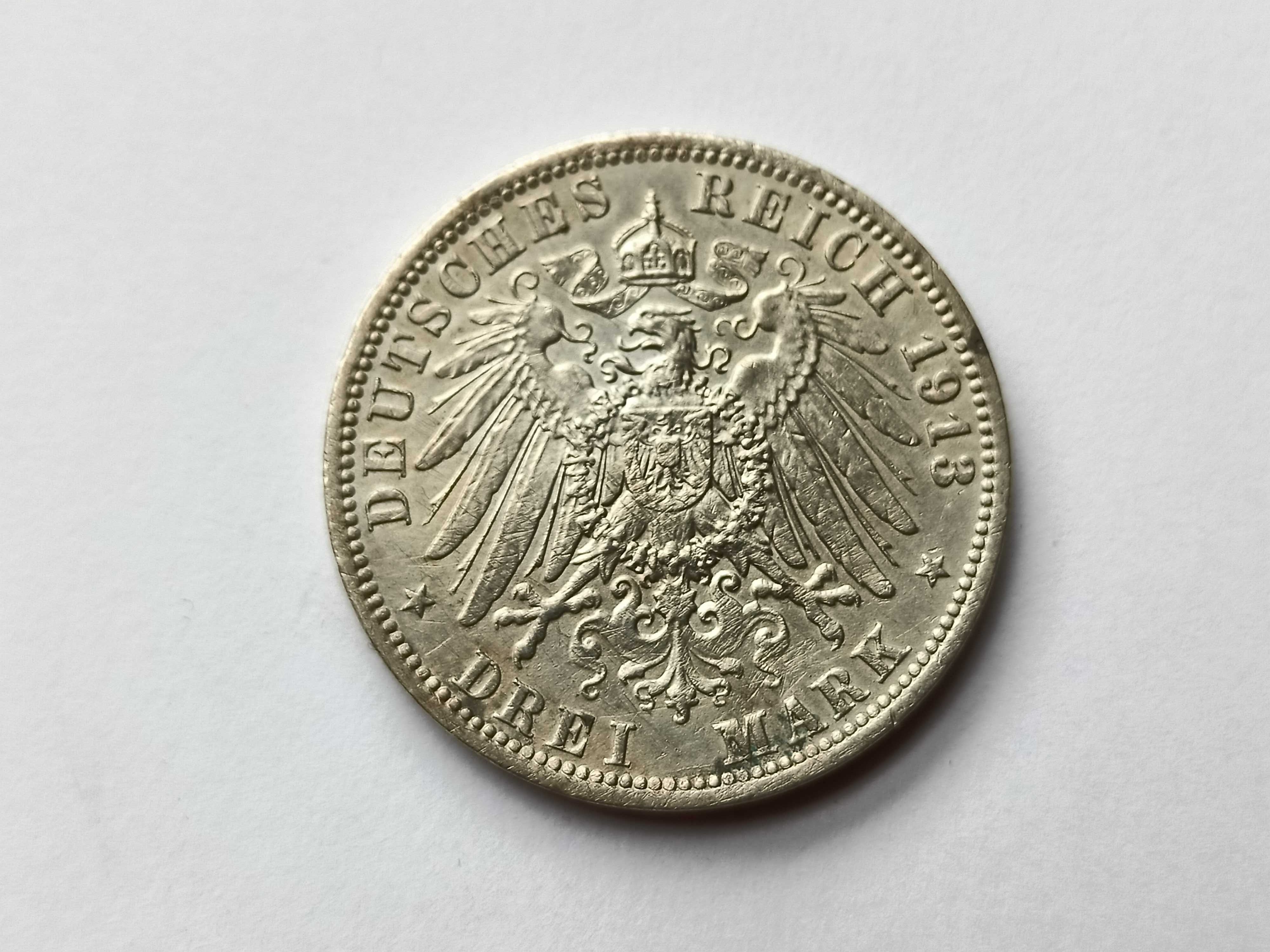 3 Marki 1913 A  - Niemcy- Prusy - Wilhelm ll oryginał Srebro