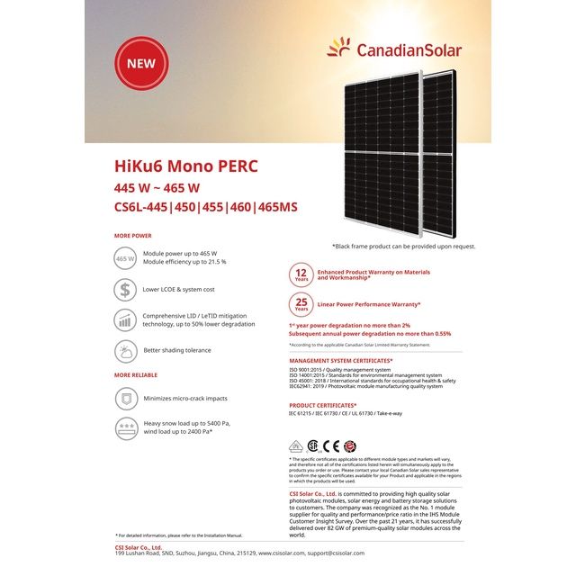 PAINEL SOLAR CANADIAN 455w MONO