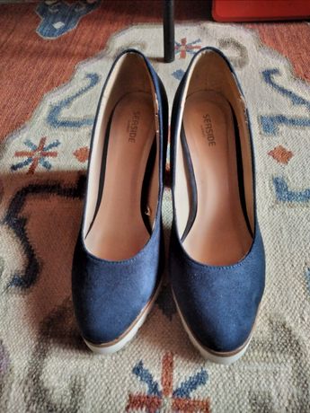 Sapatos Azul Escuro Camurça Compensados Seaside, Nr 36, Como Novos.