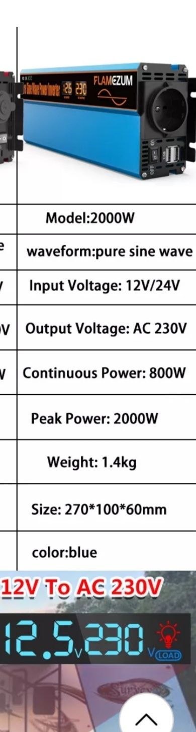 Івертер з чистою синусоїдою пік 2000ватт