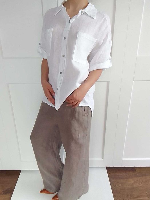 Nowa lniana biała koszula bluzka 100% len puro lino S M L uniwersalna