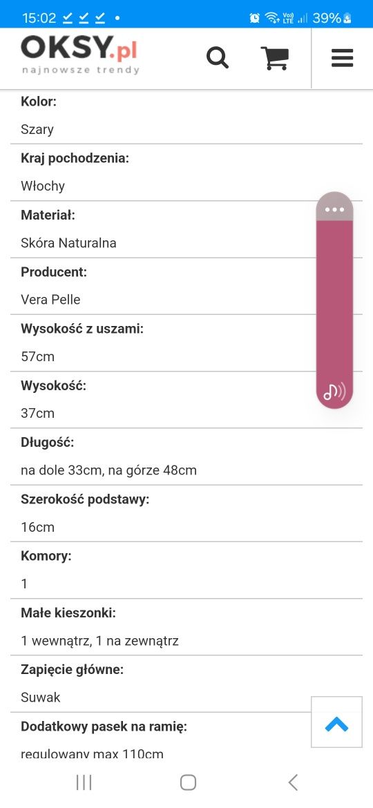Torebka duza shopperka miękka skóra vera pelle szara