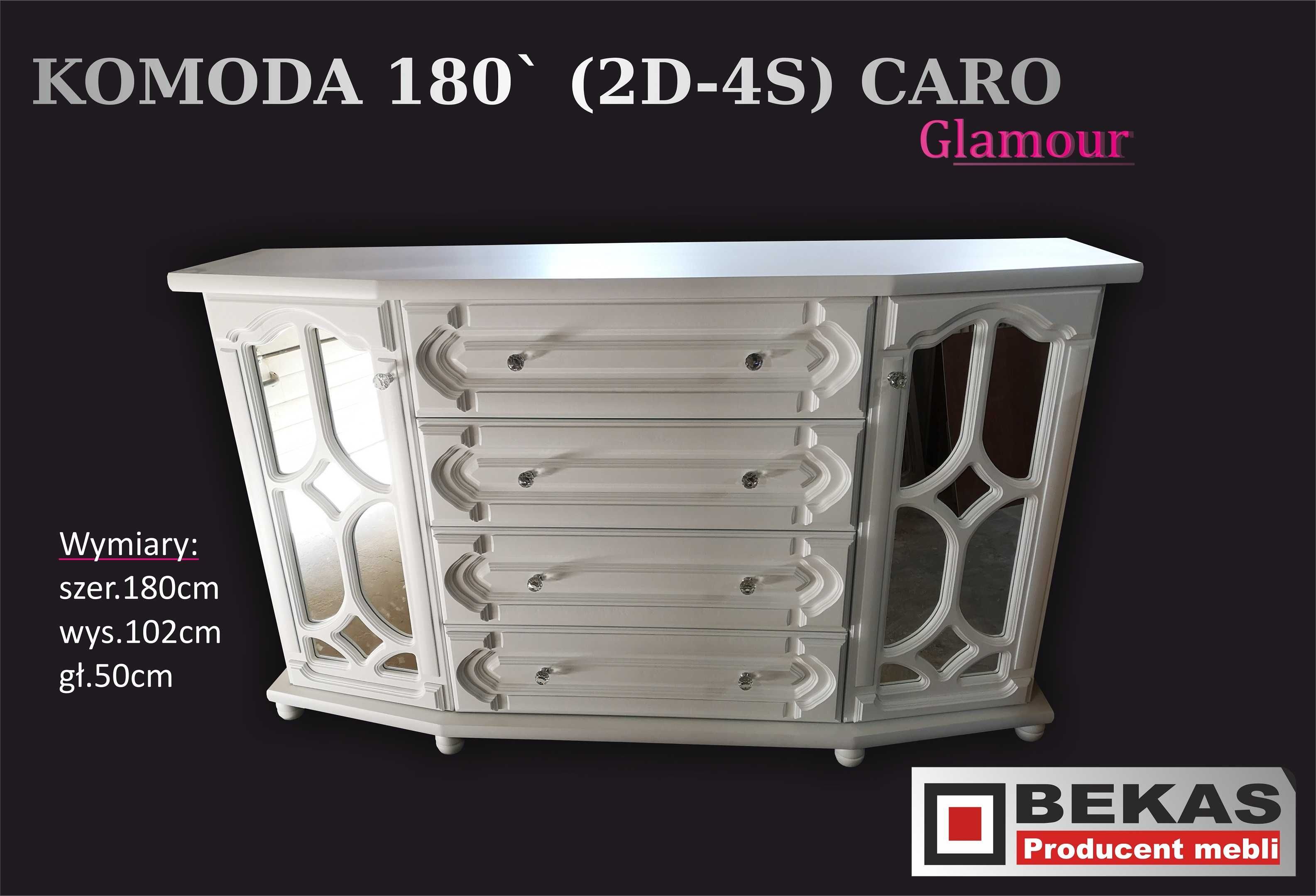 Biała komoda 180` (2D-4S) Glamour z Uchytami Diament Lustrami  BEKAS