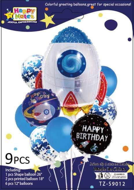 Balony zestaw URODZINOWE kosmos rakieta 9 sztuk niebieskie konfetti