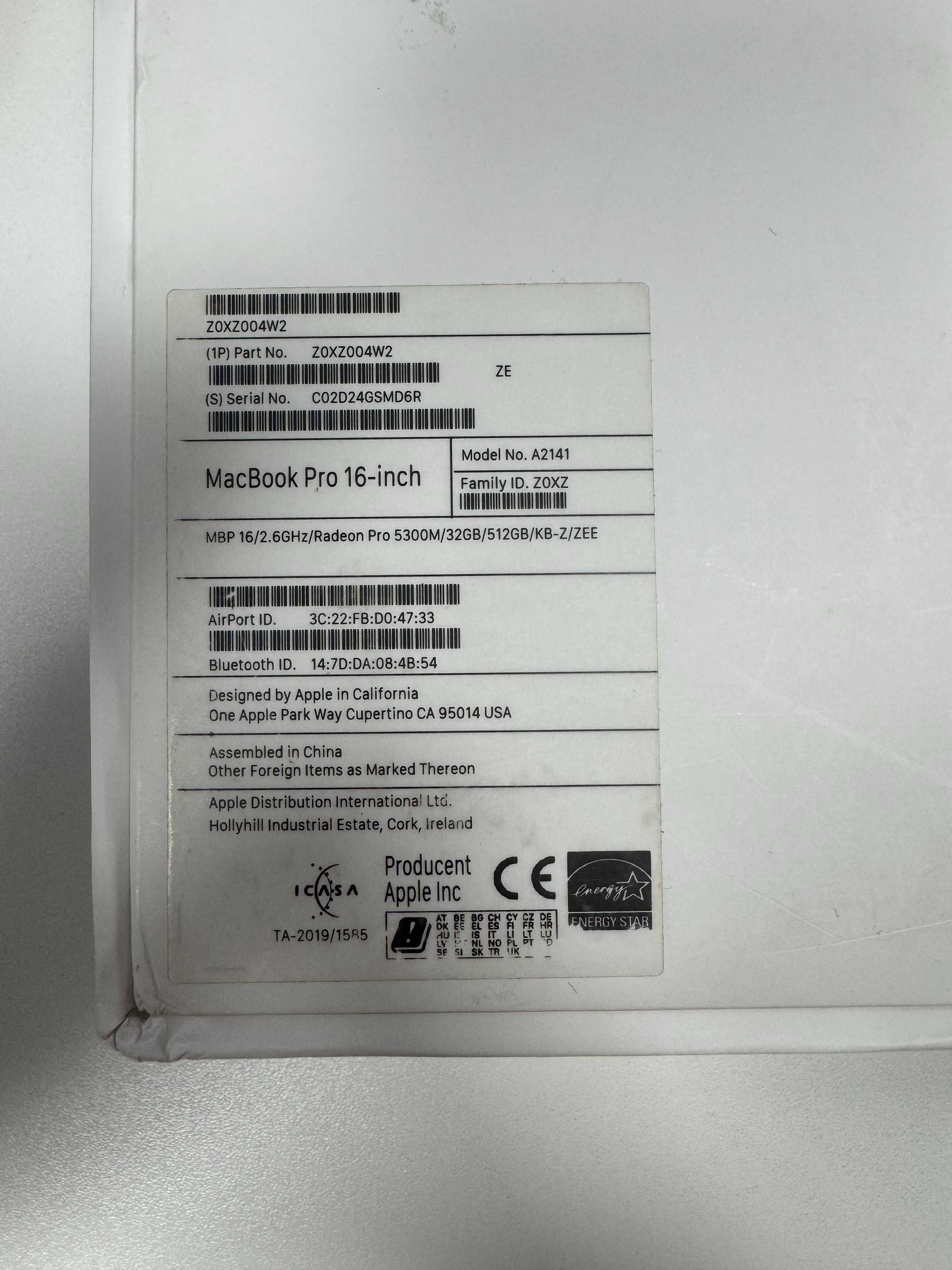 MacBook Pro 16" A2141 / i7 2,6GHz 6C / 32GB / 512 SSD / RP5300M /FV23%