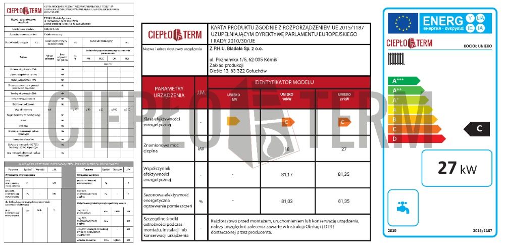 Kotły węglowe UNIEKO 27kW piec, kocioł 5 KLASA ECODESIGN