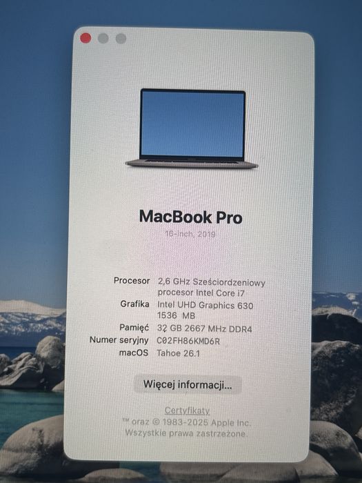 Macbook pro 16 (2019] - Intel i7/ 32 gb ramu / 1Tb SSD - STAN IDEALNY