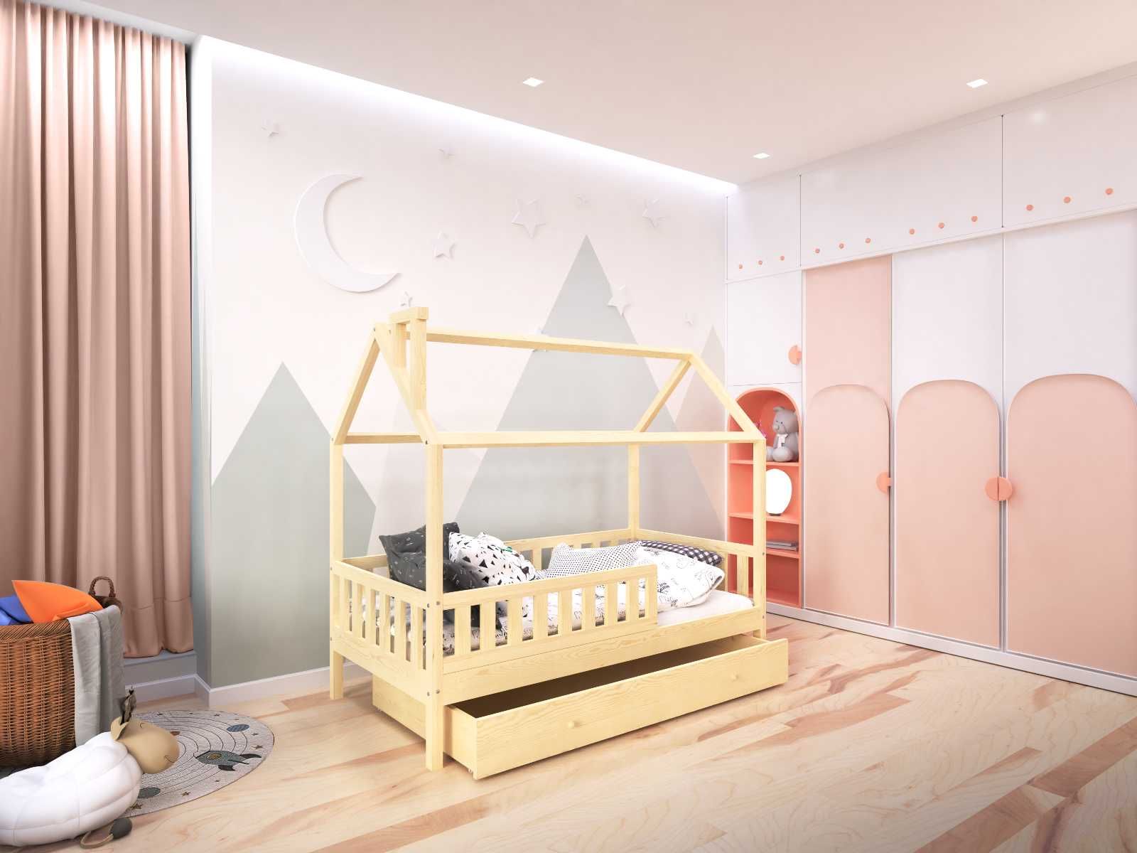 Łóżko dla dziecka domek białe/szare/sosna 80x160 z szufladą pojedynczą
