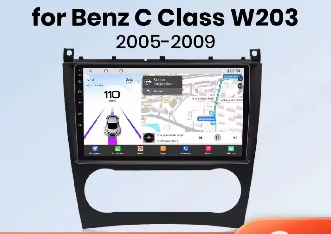 Rádio 9" Mercedes W203 Carplay Android Auto GPS 1/32GB + CANBUS NOVO