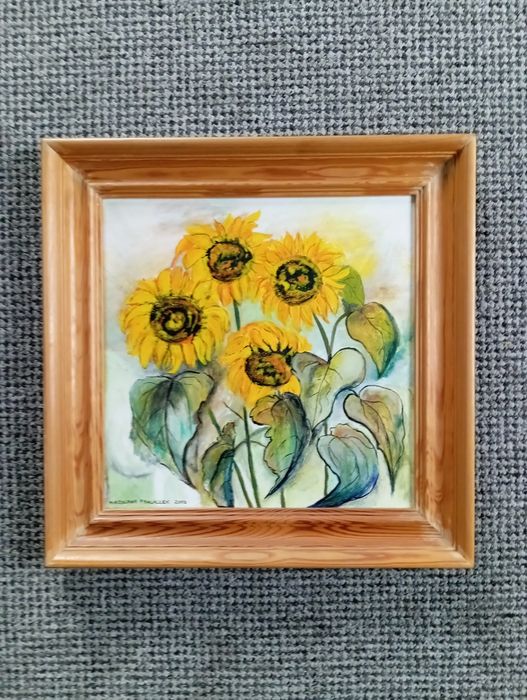 Obraz słoneczniki olejny w drewnianej ramce 38x38cm