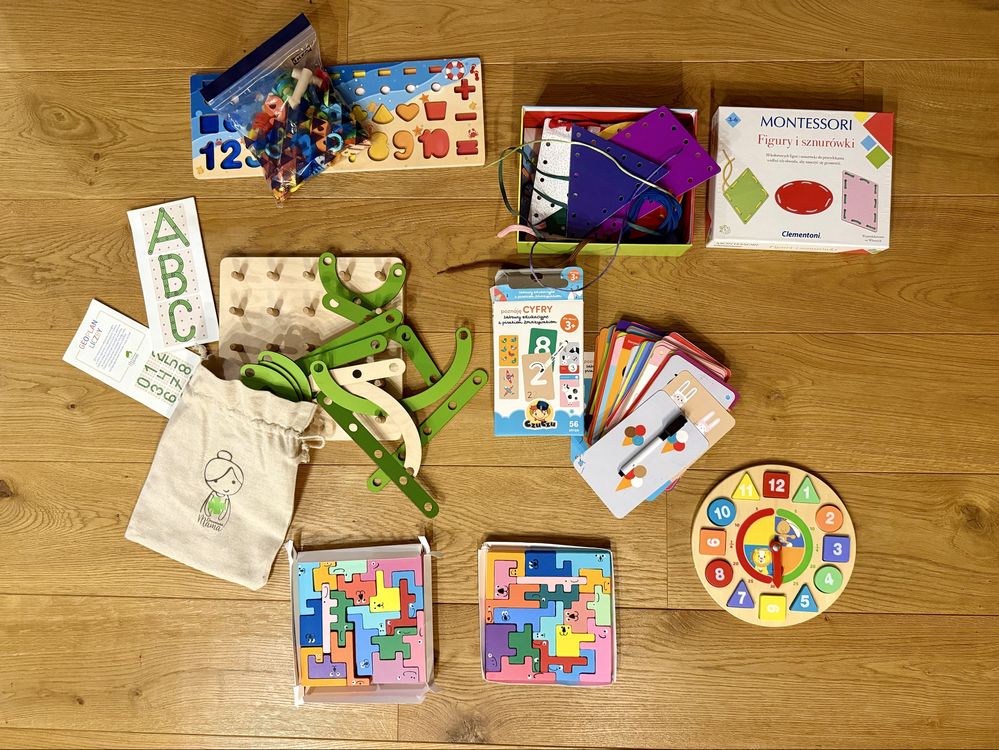 Montessori - figury i sznurówki, zegar, puzzle, geoplan