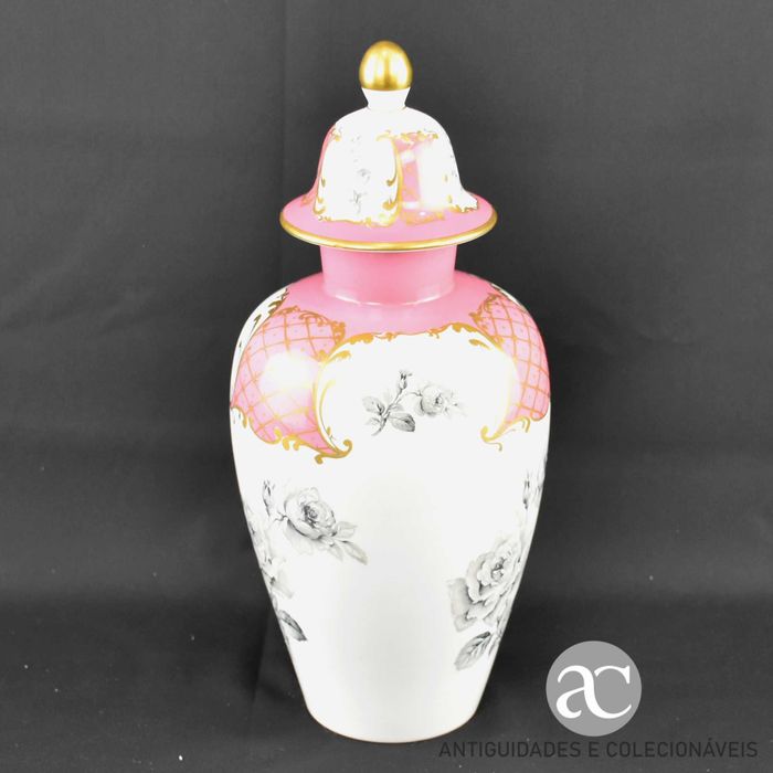 Pote com tampa porcelana Artibus, com apontamentos a ouro