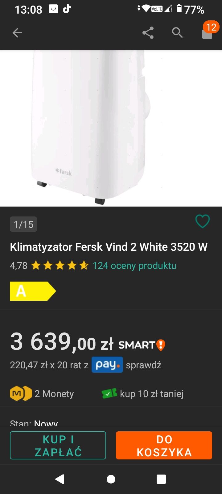 Klimatyzator  z. Wi-fi funkcja chłodzenia i ogrzewania