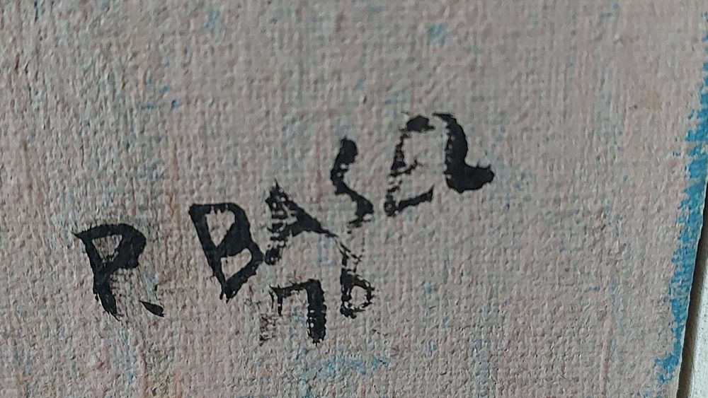 Obraz P. Basel – nadmorski pejzaż w stylu naiwnym 51×41 cm