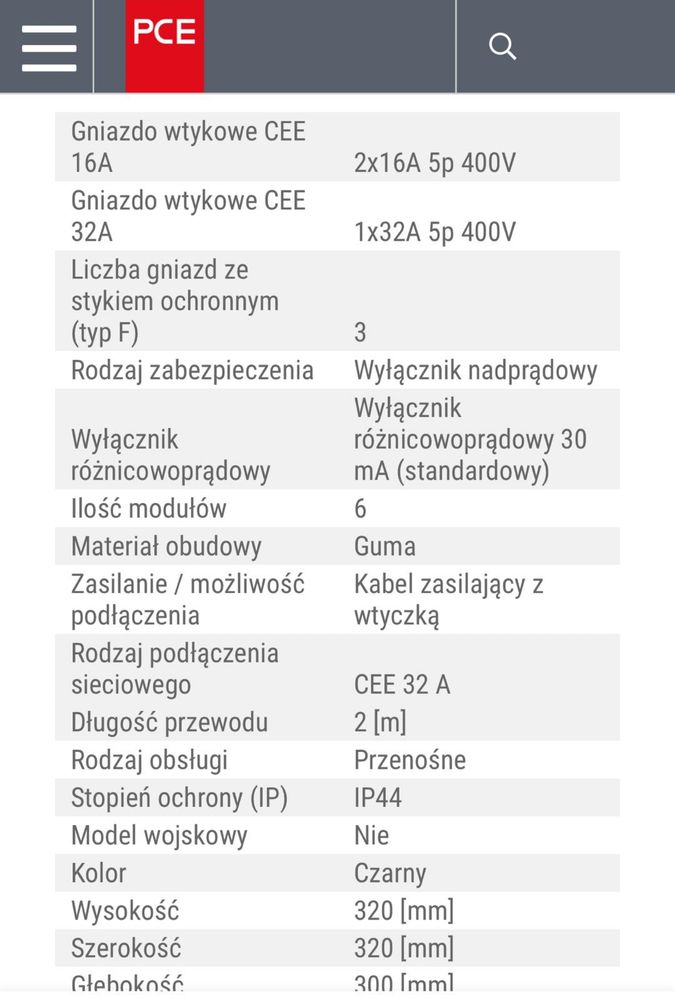 PCE rozdzielnica przenosna seria Słupsk 230v 400v