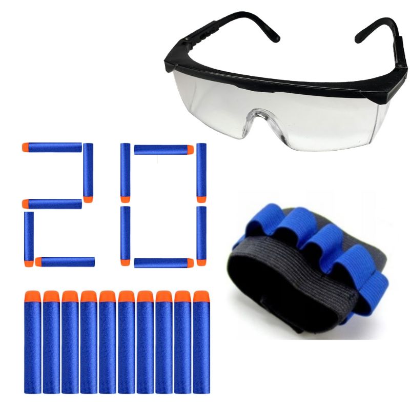 Okulary ochronne do nerf + magazynek + 20 strzałki