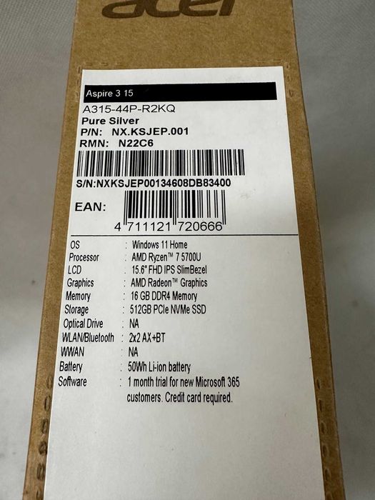Laptop ACER Aspire 3 15 /  A315-44P / AMD Ryzen7 5700U / 16GB / SSD512
