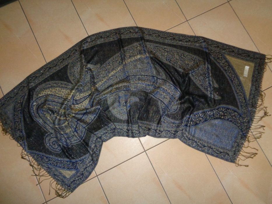 30 Silk 70 Pashmina ZŁOTA NITKA dwustronny duży szal szalik błyszczący