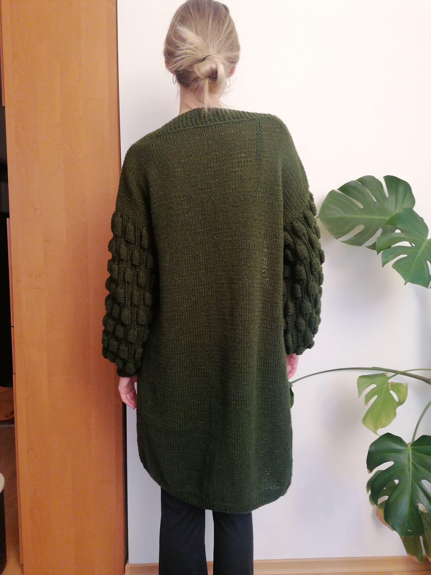 Sweter bąble khaki wełna handmade kardigan rozmiar onesize