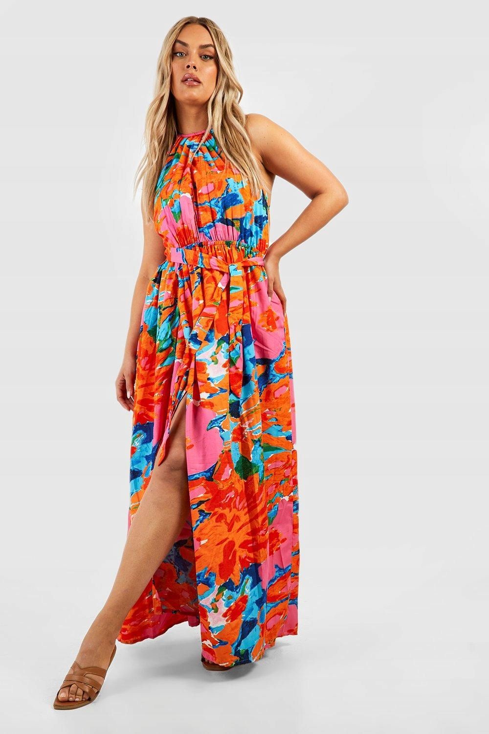Sukienka Plisowana W Kwiaty Halter Marszczona Maxi Casual Boohoo 3Xl
