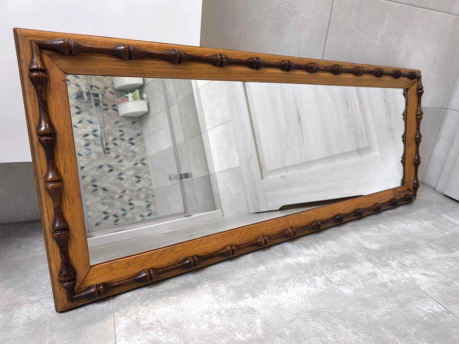 Lustro vintage retro PRL, drewniana rama, wymiar 110,5 x 44 cm